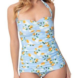 Girlhowdy Women's Vintage 1950's Retro Halter Swimsuit, Blue w/ Apricots Size 14